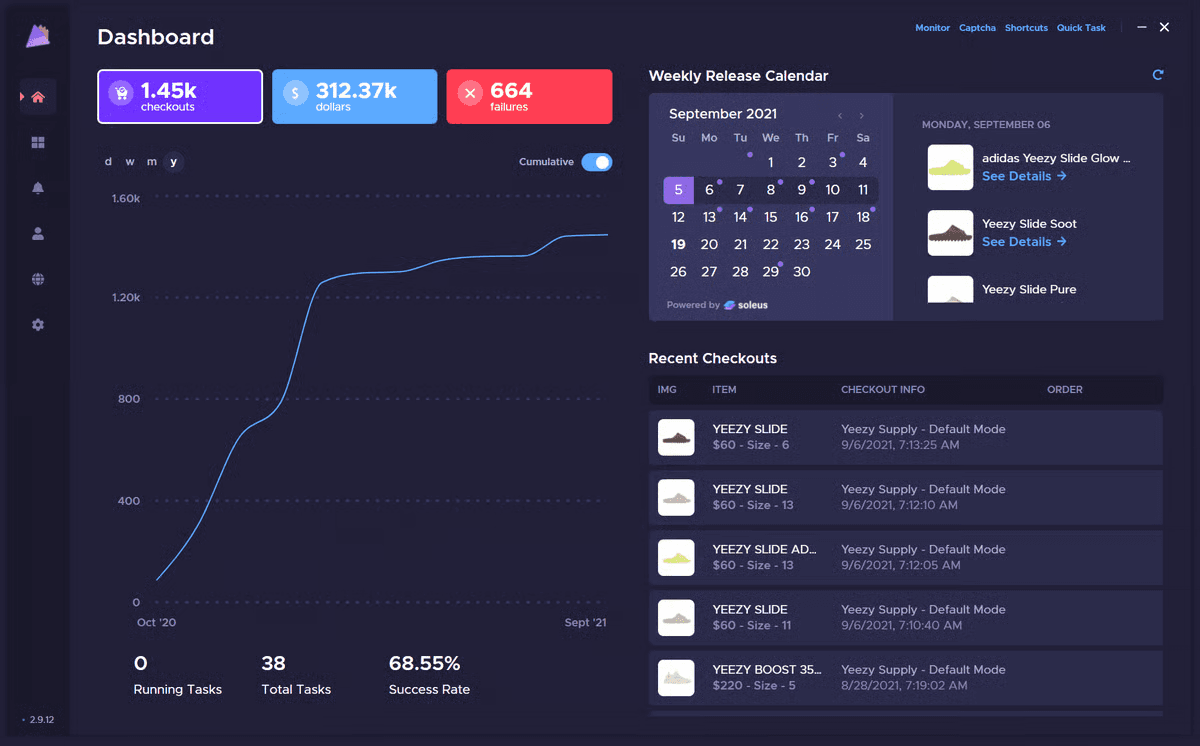 PrismAIO sneaker bot dashboard showing checkout analytics, success rate, weekly release calendar, and recent checkouts