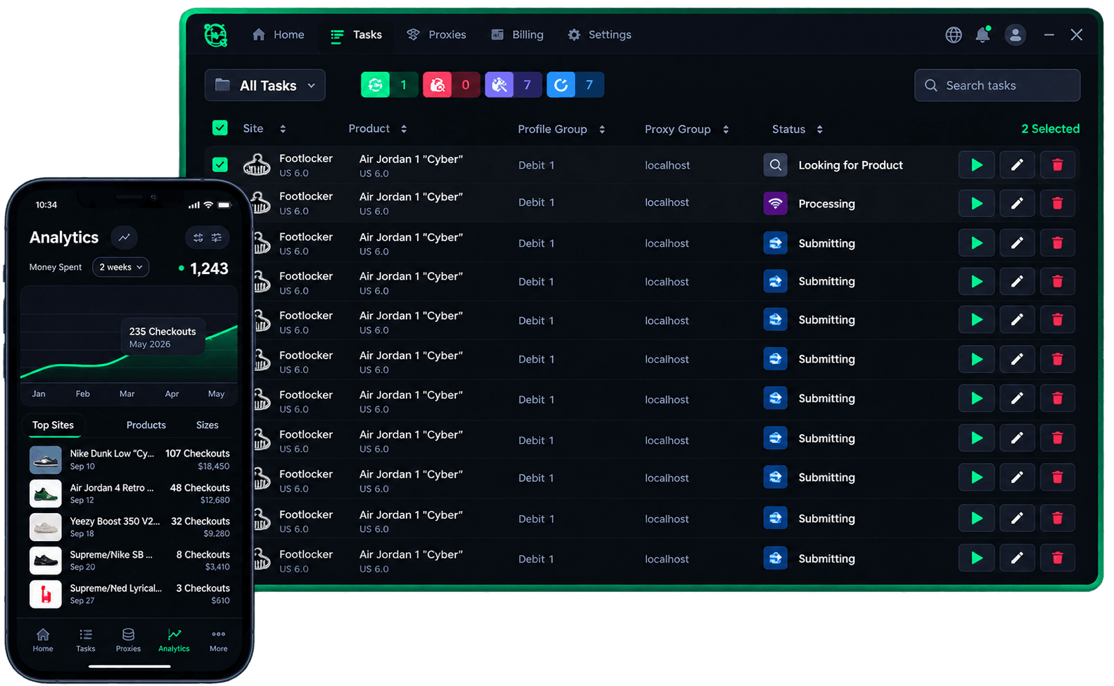 Cybersole checkout automation dashboard and mobile app mockup showing task management and analytics